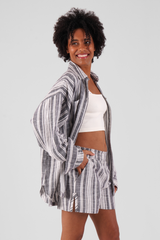 Daisy Multi Stripe Brushed Ethical-Cotton Shorts - Dusty Blue