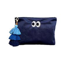 Navy Embrodiered Eyes Velvet Pouch