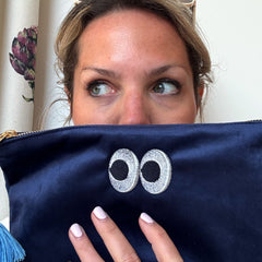 Navy Embrodiered Eyes Velvet Pouch
