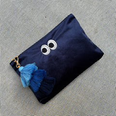 Navy Embrodiered Eyes Velvet Pouch