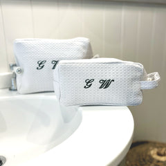 Monogramed White Waffle Make Up Bag