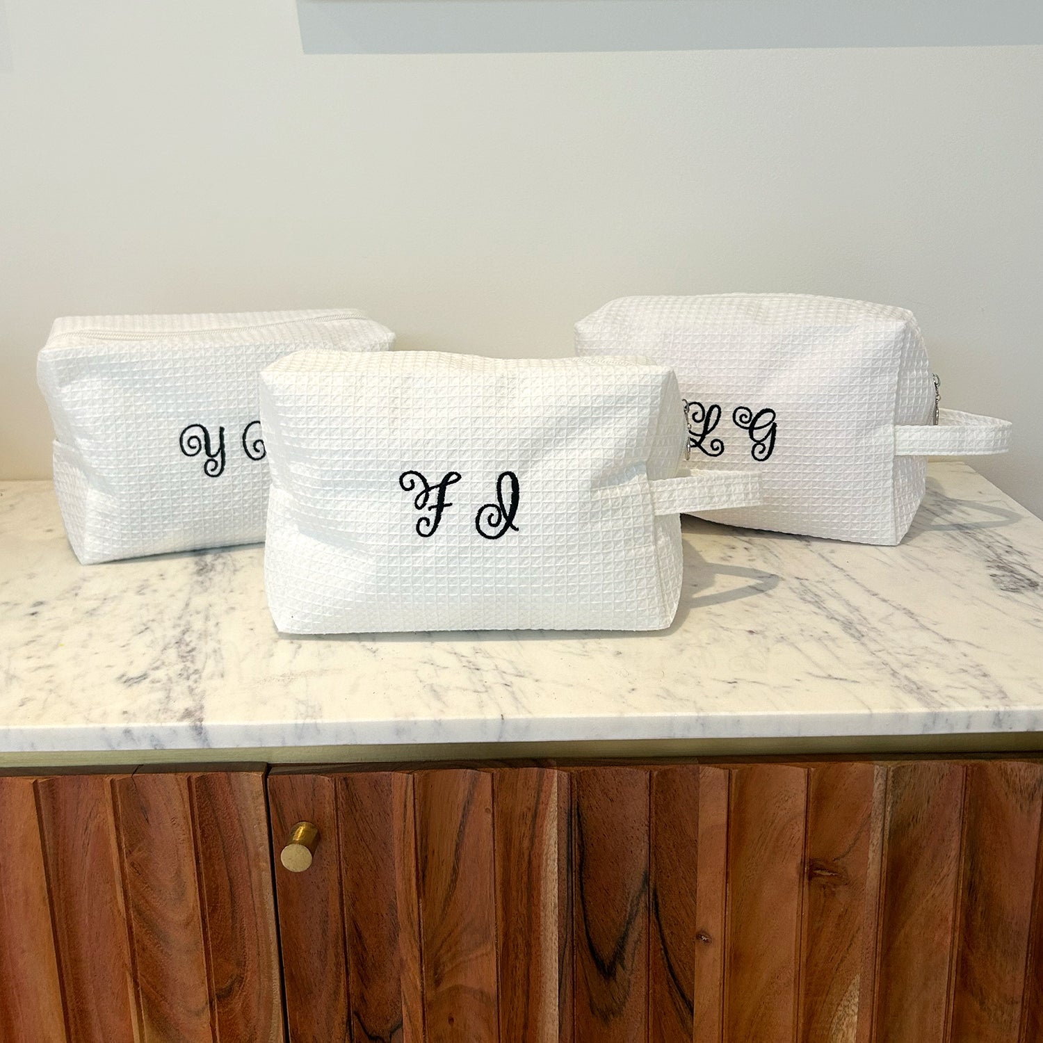 Monogram Curly Font Quilted Cosmetic Bag | Embroidered Makeup Case & Bridal Gift