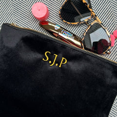 Personalized Palm Tree Initials Quilted Velvet Toiletry Bag – Gold Beauty & Travel Gift