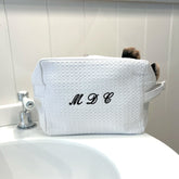 Monogramed White Waffle Make Up Bag