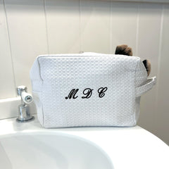 Monogramed White Waffle Make Up Bag