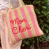 Mon Cheri Embroidered Straw Beach Bag