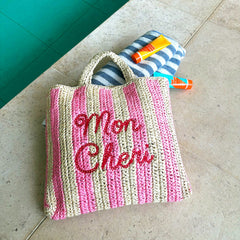 Mon Cheri Embroidered Straw Beach Bag