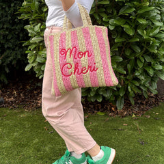 Mon Cheri Embroidered Straw Beach Bag
