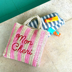 Mon Cheri Embroidered Straw Beach Bag