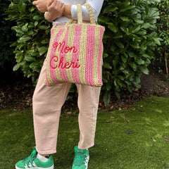 Mon Cheri Embroidered Straw Beach Bag