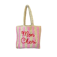 Mon Cheri Embroidered Straw Beach Bag