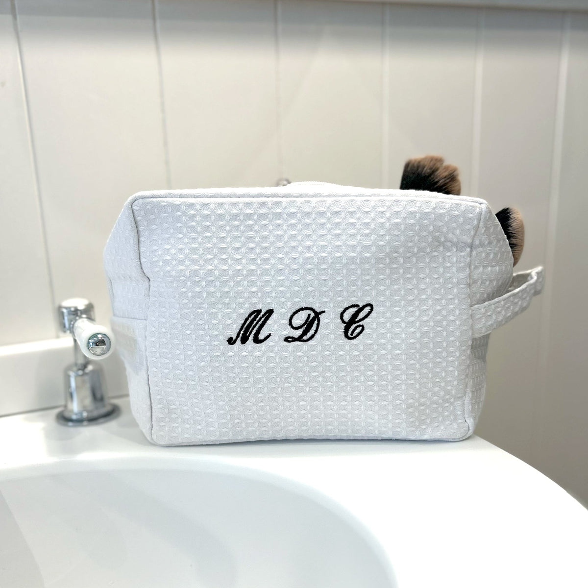 Monogramed White Waffle Make Up Bag