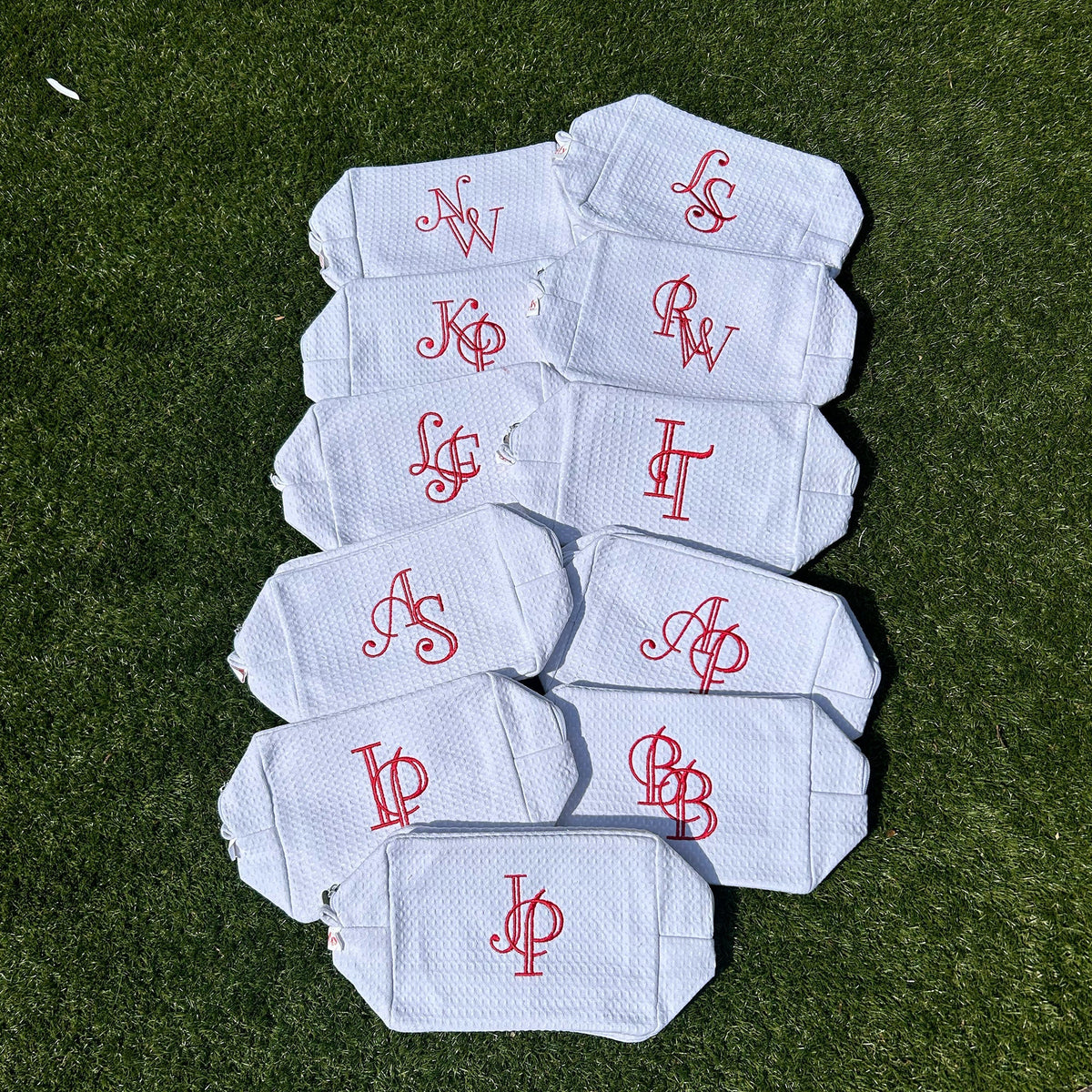 Monogramed White Waffle Weave Make Up Bag