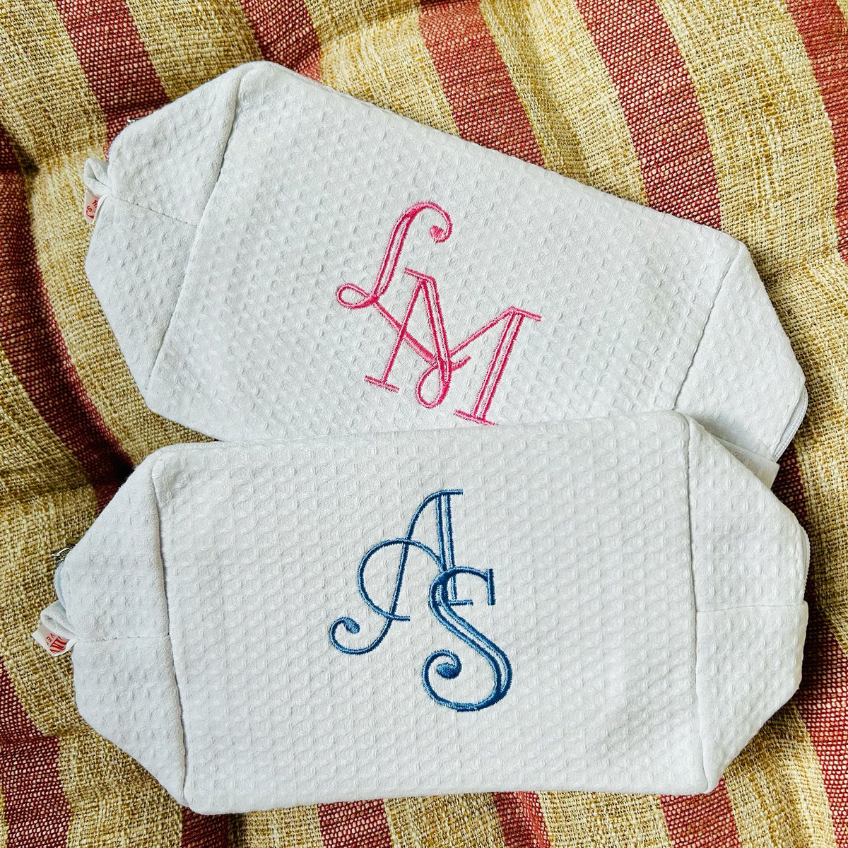 Monogramed White Waffle Weave Make Up Bag