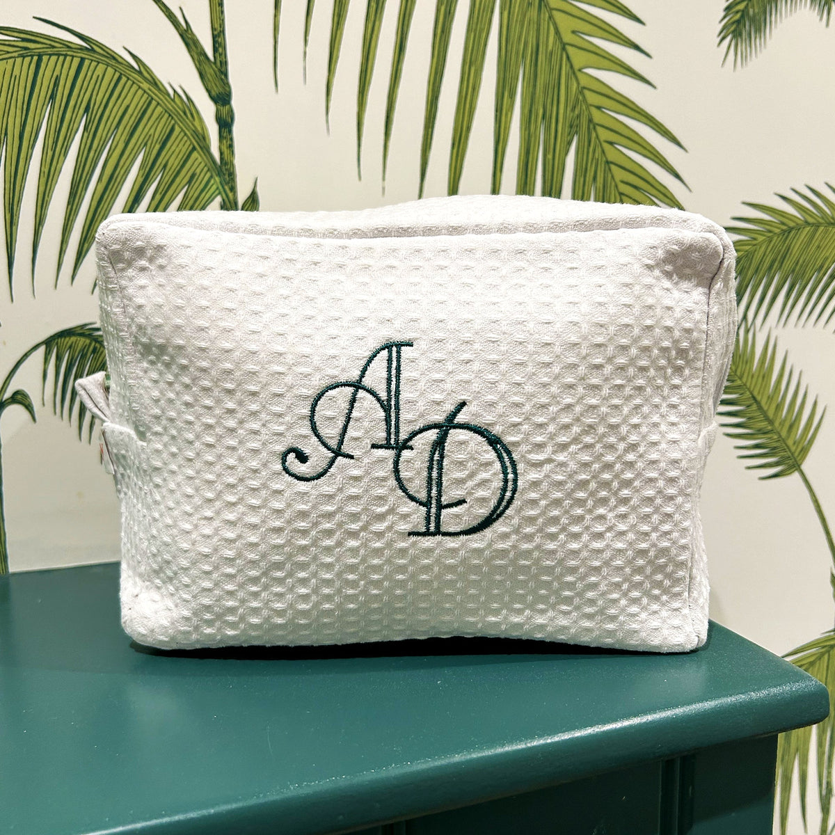 Monogramed White Waffle Weave Make Up Bag