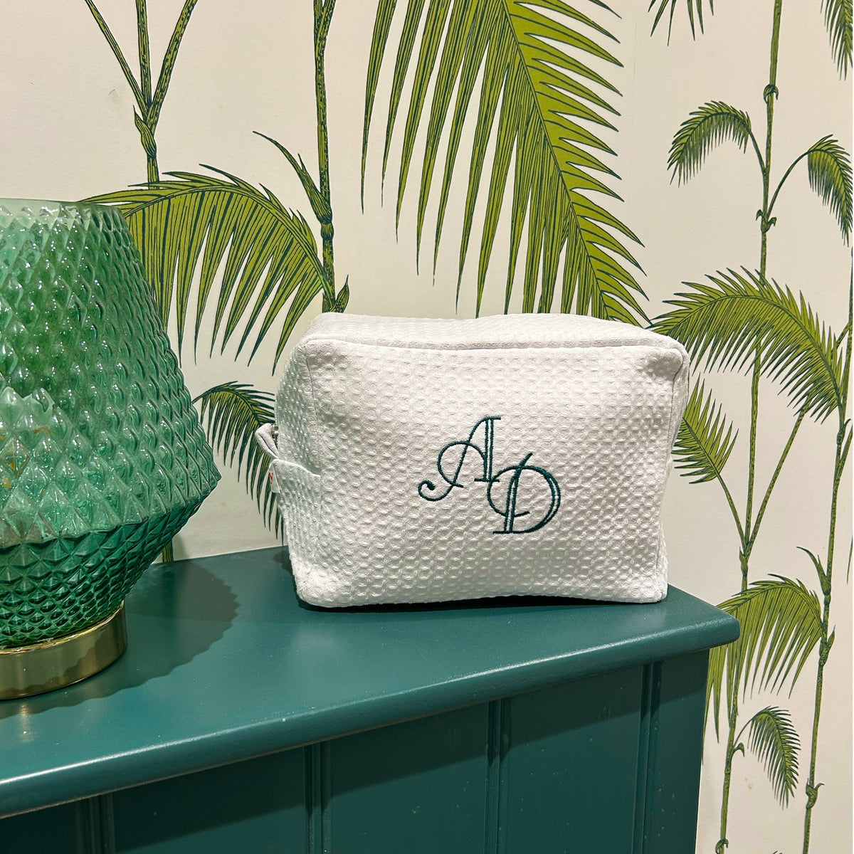 Monogramed White Waffle Weave Make Up Bag