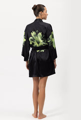 Silk Dreamscape Short Kimono Robe Black Flower