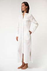 White Linen Voile Button-Down Long Shirt Dress