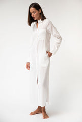 White Linen Voile Button-Down Long Shirt Dress
