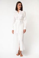 White Linen Voile Button-Down Long Shirt Dress