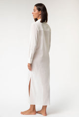 White Linen Voile Button-Down Long Shirt Dress