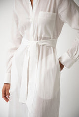 White Linen Voile Button-Down Long Shirt Dress