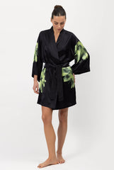Silk Dreamscape Short Kimono Robe Black Flower