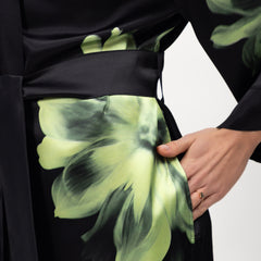 Silk Dreamscape Long Kimono Robe Black Flower
