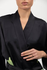 Silk Dreamscape Long Kimono Robe Black Flower