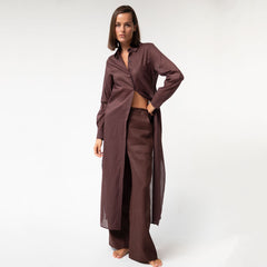 Linen Voile Button-Down Long Shirt Dress Restorative Brown