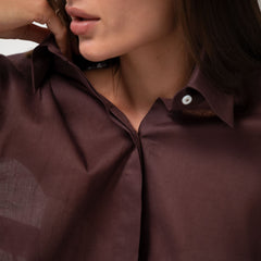 Linen Voile Button-Down Long Shirt Dress Restorative Brown