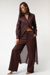 Linen Voile Button-Down Long Shirt Dress Restorative Brown