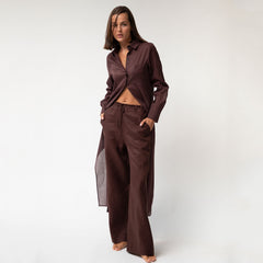 Linen Voile Button-Down Long Shirt Dress Restorative Brown