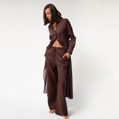 Linen Voile Button-Down Long Shirt Dress Restorative Brown