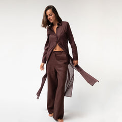 Linen Voile Button-Down Long Shirt Dress Restorative Brown