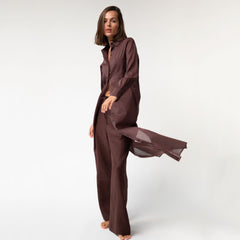 Linen Voile Button-Down Long Shirt Dress Restorative Brown