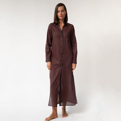 Linen Voile Button-Down Long Shirt Dress Restorative Brown