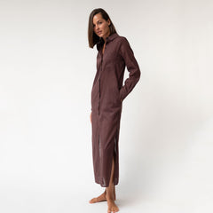 Linen Voile Button-Down Long Shirt Dress Restorative Brown