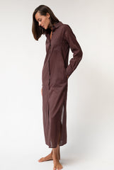 Linen Voile Button-Down Long Shirt Dress Restorative Brown