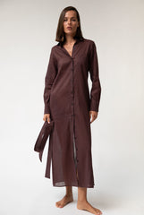 Linen Voile Button-Down Long Shirt Dress Restorative Brown
