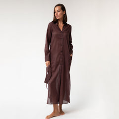 Linen Voile Button-Down Long Shirt Dress Restorative Brown