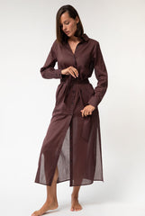 Linen Voile Button-Down Long Shirt Dress Restorative Brown