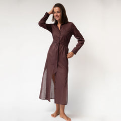 Linen Voile Button-Down Long Shirt Dress Restorative Brown
