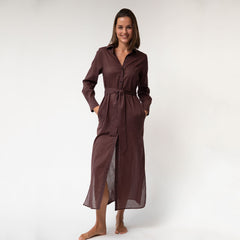 Linen Voile Button-Down Long Shirt Dress Restorative Brown