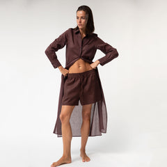 Linen Voile Button-Down Long Shirt Dress Restorative Brown