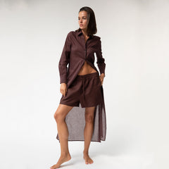 Linen Voile Button-Down Long Shirt Dress Restorative Brown