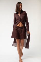 Linen Voile Button-Down Long Shirt Dress Restorative Brown