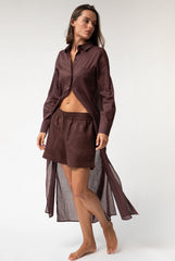 Linen Voile Button-Down Long Shirt Dress Restorative Brown