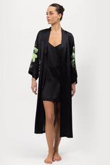 Silk Dreamscape Long Kimono Robe Black Flower