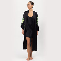 Silk Dreamscape Long Kimono Robe Black Flower